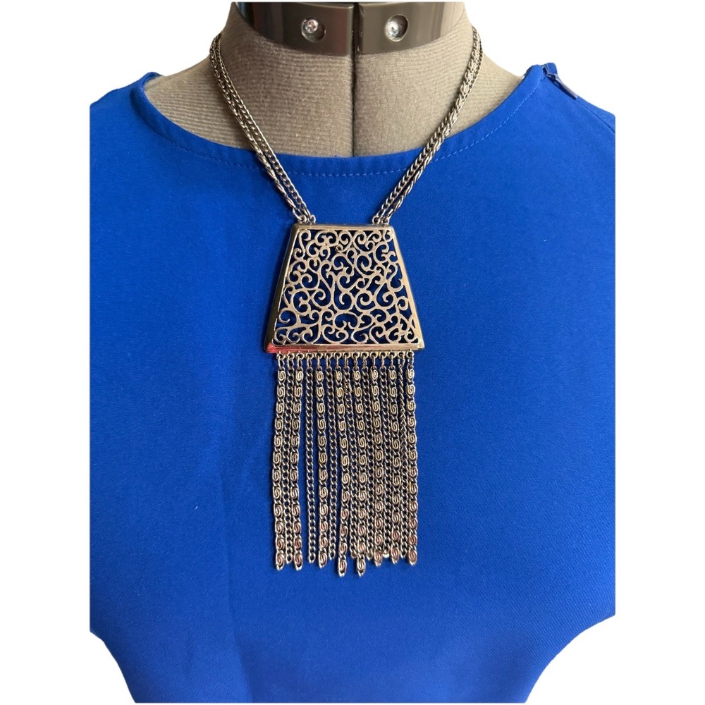 VTG 60s‎ Silver Tone Couture Tassel 2 Chain Necklace Abstract Geometric Pendant